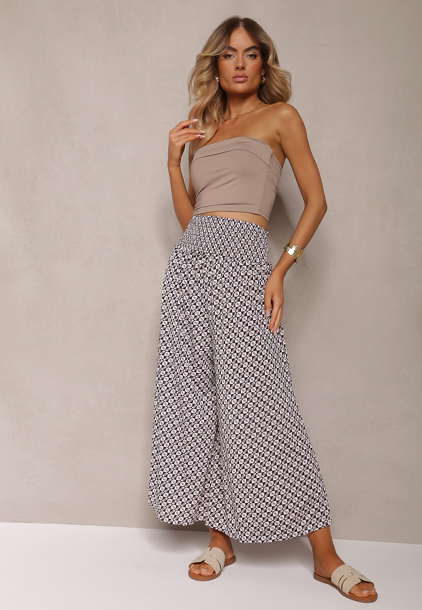 Czarno-Beżowe Spodnie High Waist z Bawełny z Rozszerzanymi Nogawkami i Gumką Nereialla