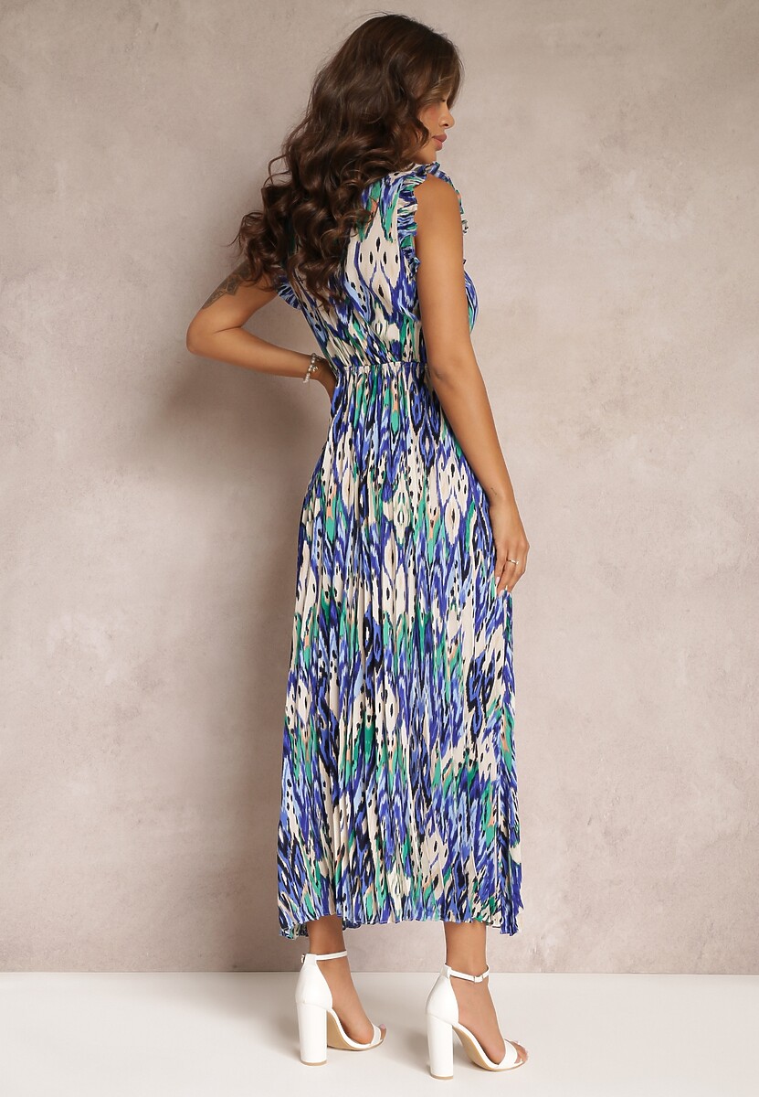 Granatowa Plisowana Sukienka Maxi z Kopertowym Dekoltem i Gumką w Pasie Axerisa