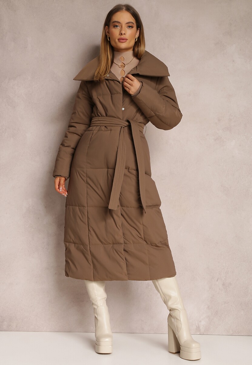 Beżowa Kurtka za Kolano Pikowana Chadi