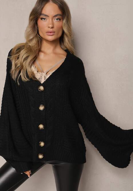 Czarny Kardigan z Dodatkiem Wiskozy Wykończony Guzikami Tłoczeniem i Ściągaczem Fizora