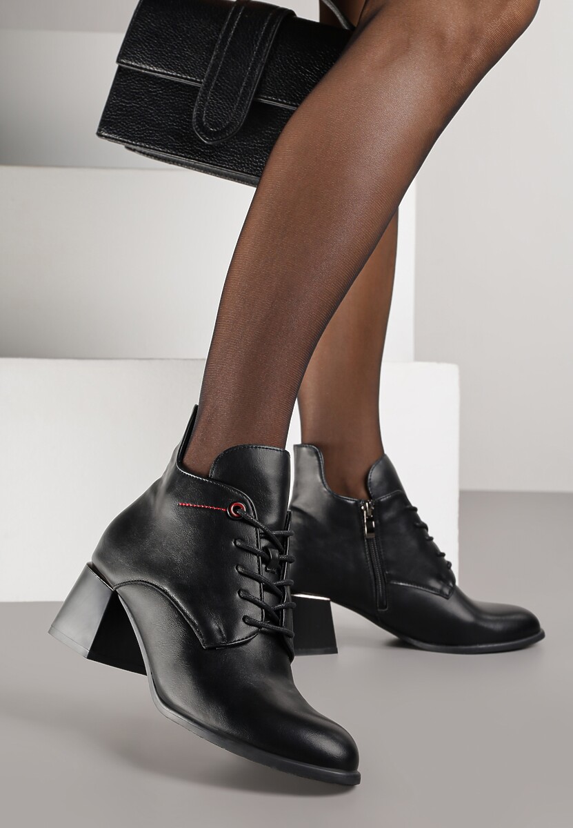 Czarne Asymetryczne Botki VICES na Obcasie ze Sznurowaną Cholewką Zalles