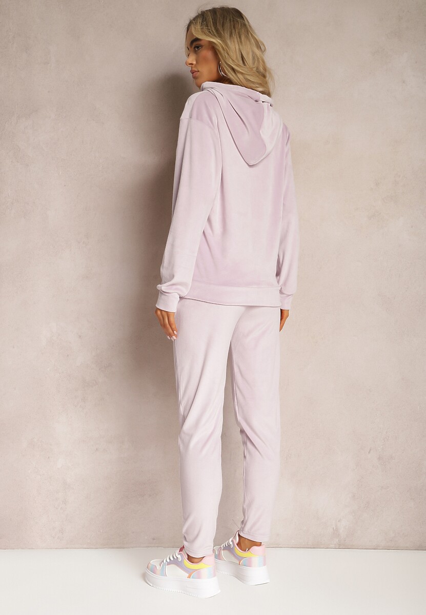 Jasnofioletowy Welurowy Komplet Dresowy Bluza z Kapturem i Spodnie Vilna