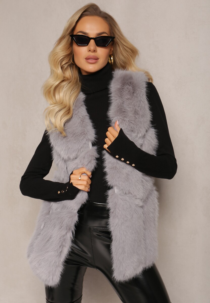 Szara Futrzana Kamizelka z Wstawkami z Ekoskóry Lewja