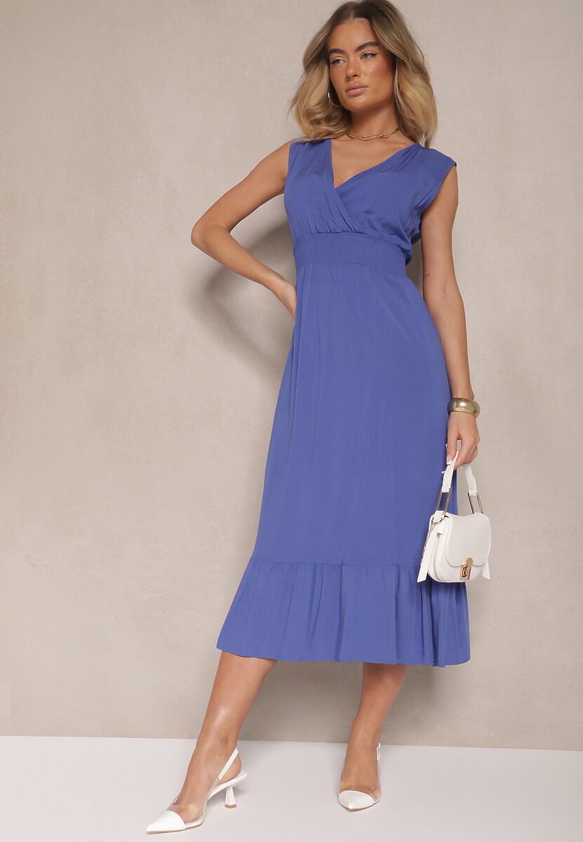 Niebieska Kopertowa Sukienka z Wiskozy Zdobiona Falbanką Ularisela