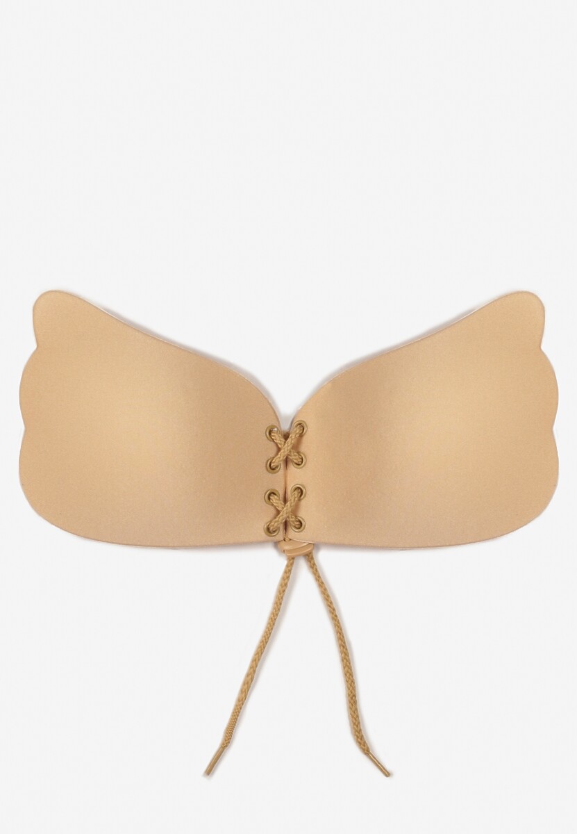 Beżowy Samoprzylepny Biustonosz z Ściągaczem i Materiałowymi Miseczkami Khula