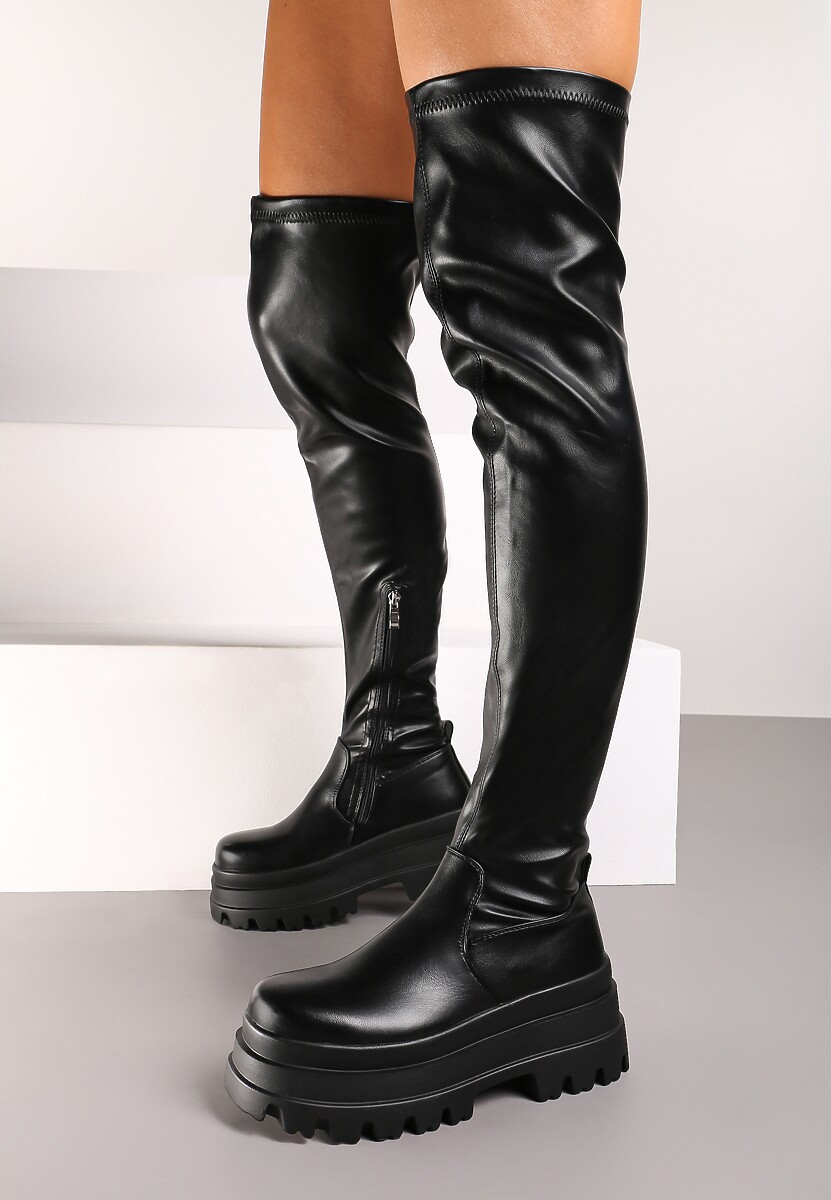 Czarne Dopasowane Kozaki za Kolano na Platformie w Stylu Grunge Irinalla