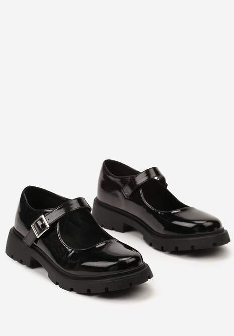 Czarne Lakierowane Półbuty Zapinane na Sprzączkę na Grubej Podeszwie Peravilla