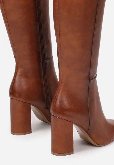 Brązowe Kozaki na Obcasie ze Szpiczastym Noskiem Geldona