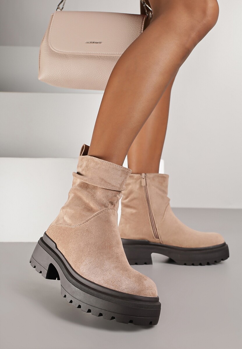 Ciemnobeżowe Krótkie Botki z Marszczoną Cholewką i Platformą Caverine