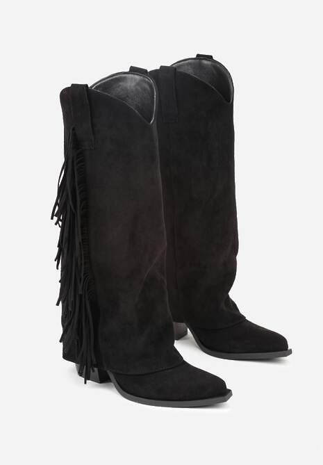 Czarne Kozaki Kowbojki na Stożku z Cholewką Imitującą Nogawkę z Frędzlami Monettea