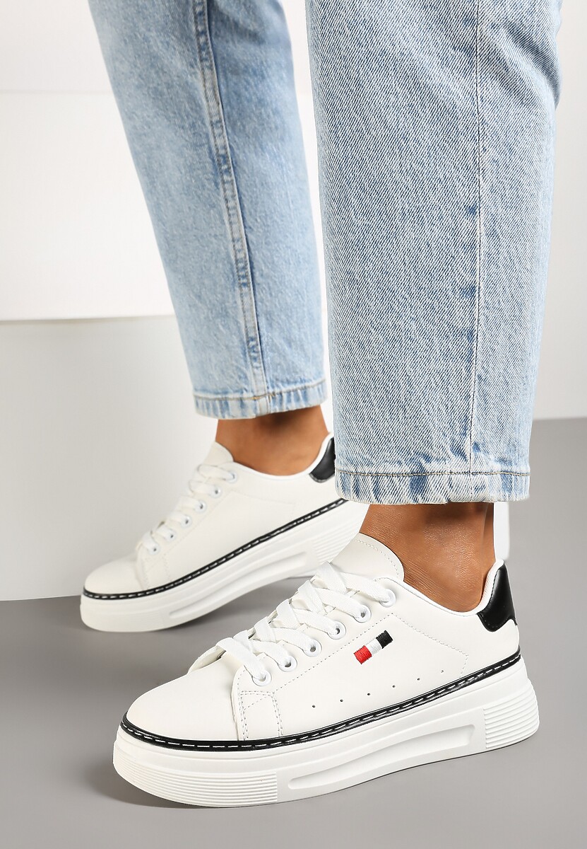 Biało-Czarne Sznurowane Sneakersy na Płaskiej Podeszwie z Lamówką Fedat