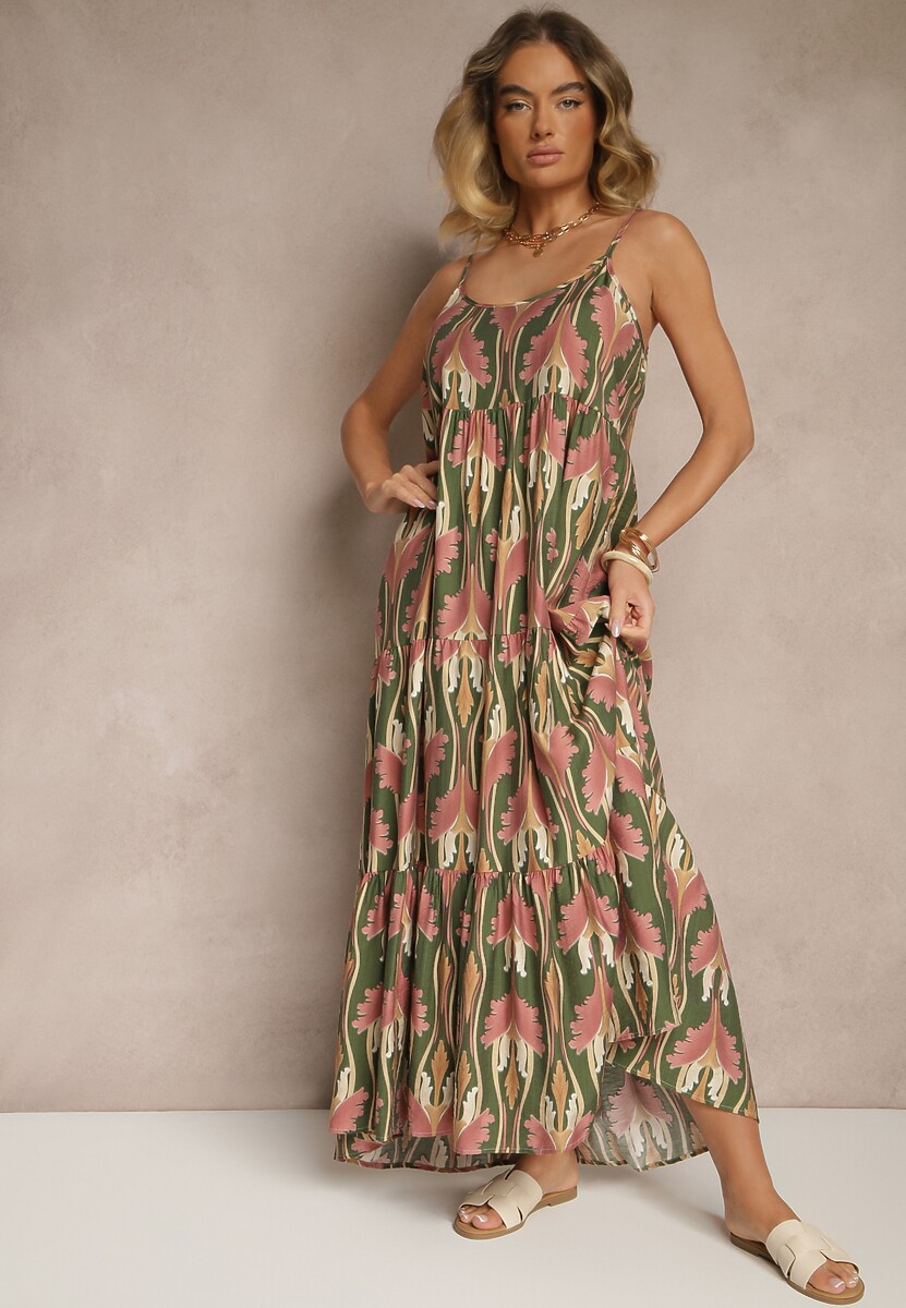 Niebiesko-Beżowa Sukienka w Stylu Boho z Cienkimi Regulowanymi Ramiączkami Tosena