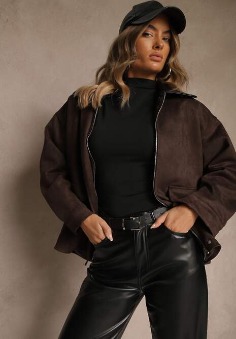 Brązowa Koszulowa Kurtka Barn Jacket z Imitacji Zamszu Ralasania