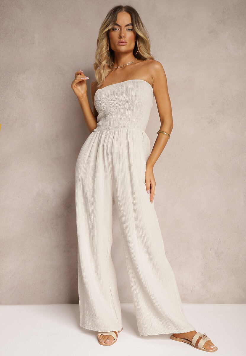 Beżowy Kombinezon z Bawełny z Długimi Nogawkami Ozdobiony Marszczoną Górą Moraena