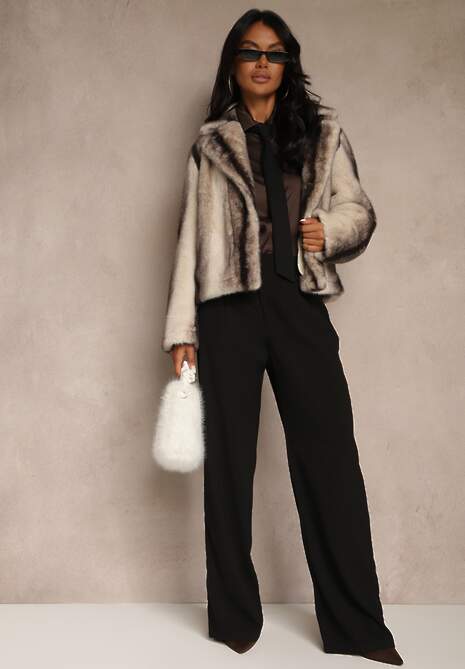 Beżowa Krótka Kurtka Futerko o Jednorzędowym Kroju Lanella