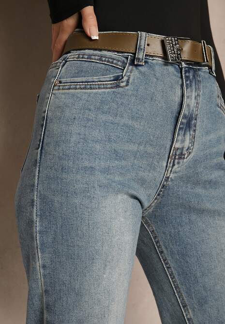 Niebieskie Bawełniane Jeansy Ozdobione Paskiem i Wywiniętymi Nogawkami Salliera