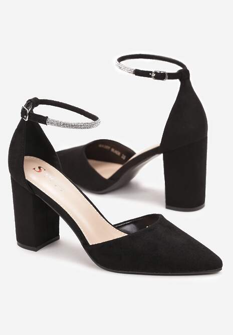 Czarne Czółenka na Słupku z Imitacji Zamszu z Cyrkoniami Demala