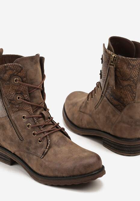 Brązowe Botki w Stylu Workerów z Ozdobnym Suwakiem i Wężową Wstawką Vemalora