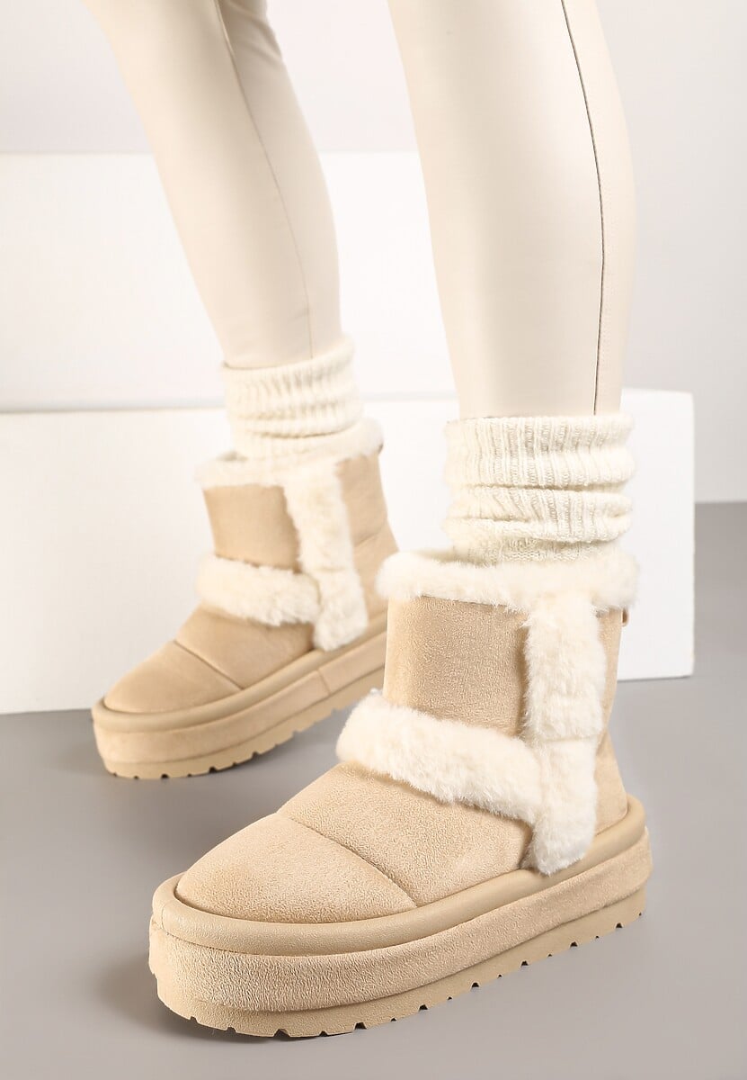 Beżowe Ekozamszowe Śniegowce na Platformie z Futrzanymi Wstawkami Mazini
