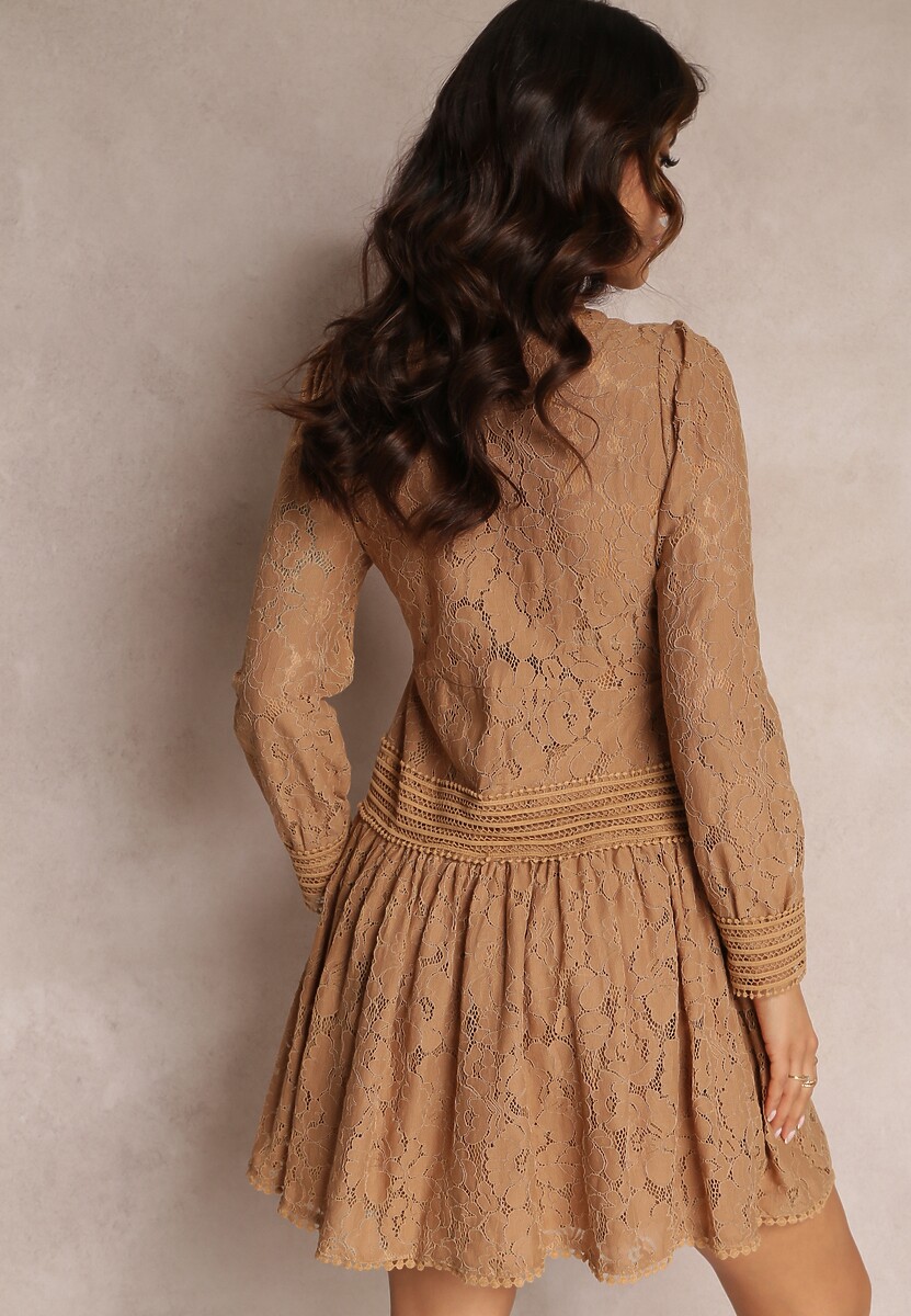 Ciemnobeżowa Rozkloszowana Sukienka Koszulowa Rutty
