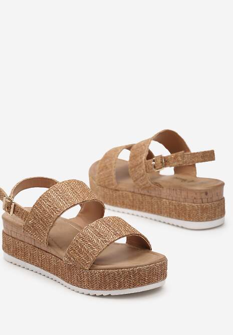 Ciemnobeżowe Sandały na Platformie z Koturnie z Ozdobną Plecionką i Sprzączką Meepora