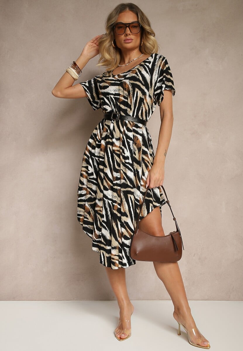 Beżowa Rozkloszowana Sukienka z Bawełny  z Dłuższym Tyłem Ronellea