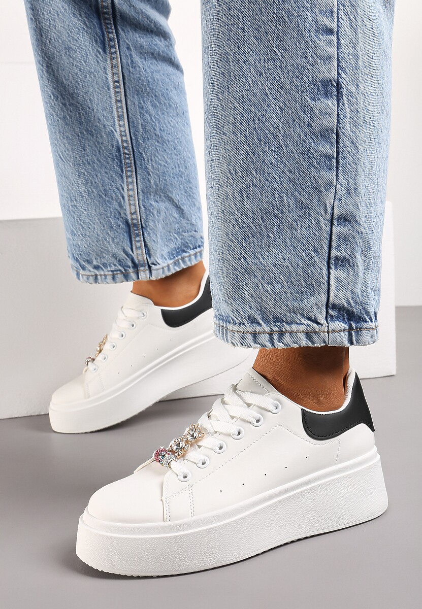 Biało-Czarne Sneakersy z Cyrkoniami na Sznurówkach z Platformą Nomiji