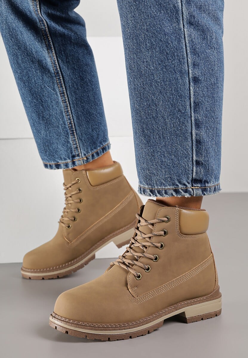 Ciemnobeżowe Sznurowane Traperki w Casualowym Stylu Anavitte