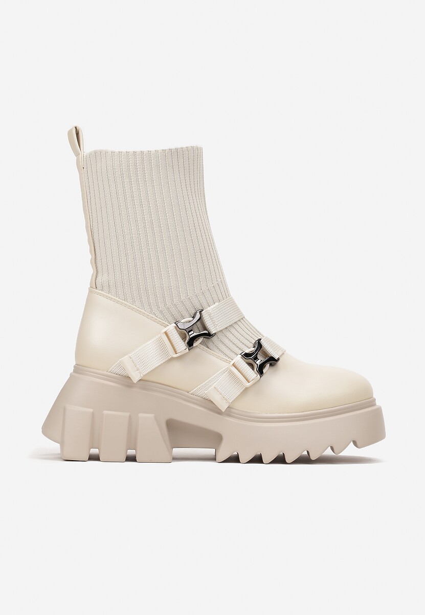 Beżowe Botki Typu Biker na Grubej Podeszwie z Klamrami i Prążkowaną Cholewką Pelene