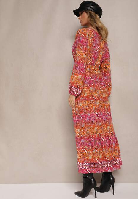 Czerwona Sukienka z Dekoltem w V o Rozkloszowanym Fasonie w Print Paisley Akka