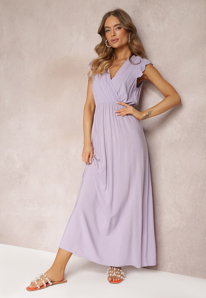 Fioletowa Wiskozowa Sukienka z Gumką w Pasie i Kopertowym Dekoltem Hyasine