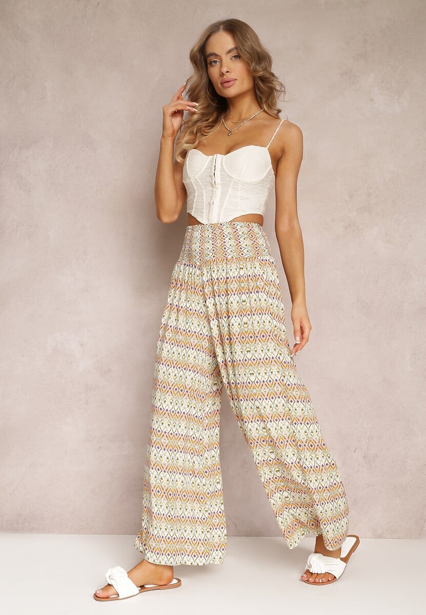 Żółte Szerokie Spodnie z Cienkimi Gumką w Talii i Wysokim Stanem z Wiskozy Laka