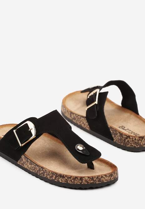 Czarne Japonki na Podeszwie z Korka Ozdobione Klamrą Finirea