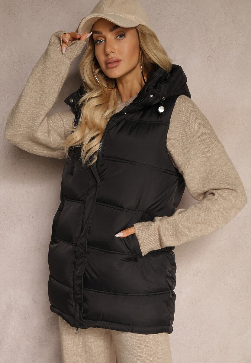 Ciemnobeżowa Pikowana Kamizelka z Kapturem i Ozdobnym Suwakiem Tomtalisa