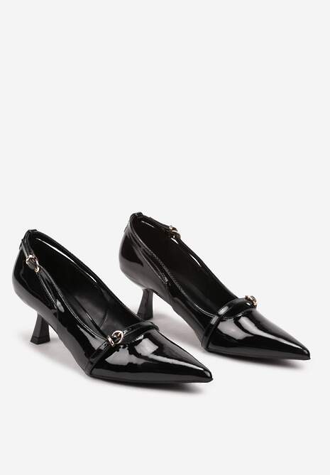 Czarne Lakierowane Czółenka na Obcasie Stiletto z Ozdobnymi Paskami na Klamerki Rexilyn