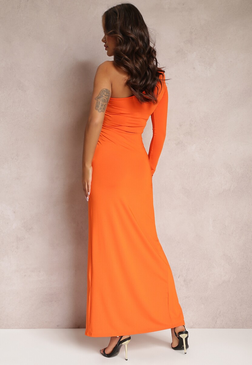Pomarańczowa Asymetryczna Sukienka Maxi Zdobiona Drapowaniem Kiari