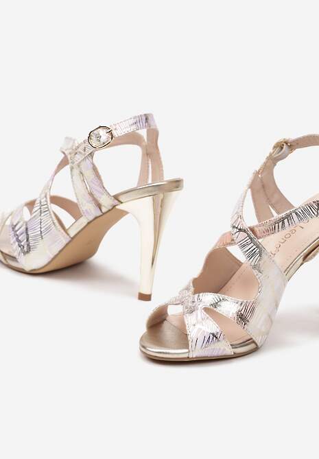 Złote Sandały Szpilki z Metalicznym Wykończeniem i Skórzaną Wkładką Zapinane na Sprzączkę Effimba