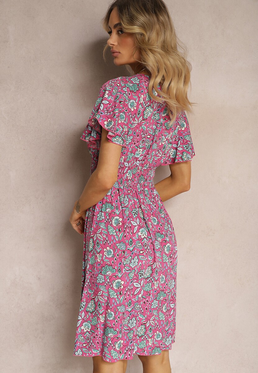 Różowa Kwiecista Sukienka z Wiskozy z Dekoltem w Serek i Gumką w Pasie Miralia