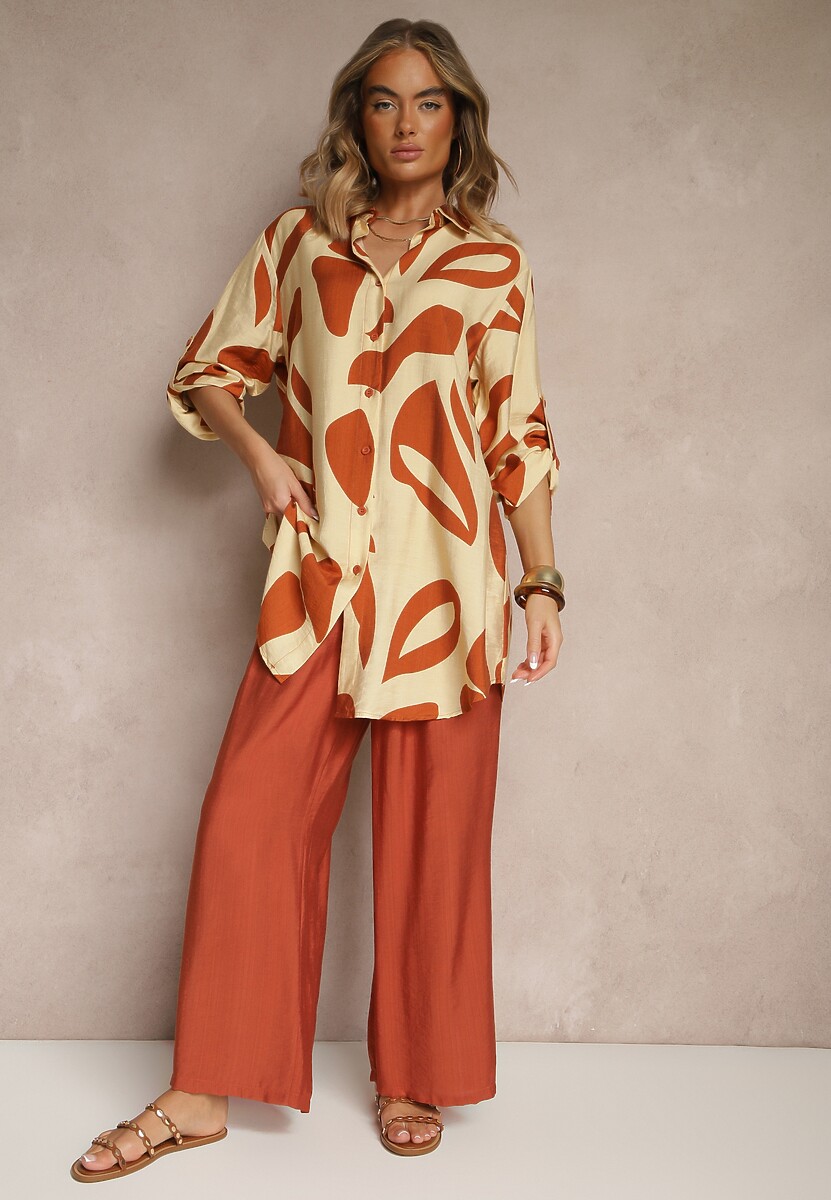 Pomarańczowy Komplet z Wiskozą Spodnie i Koszula w Geometryczny Wzór Rinmeria