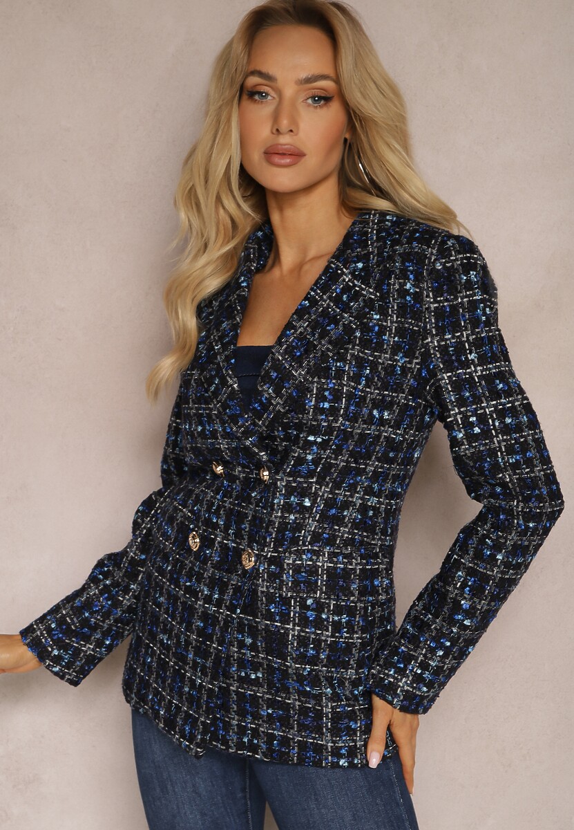 Czarno-Granatowa Tweedowa Marynarka Dwurzędowa Zapinana na Biżuteryjne Guziki Nallet