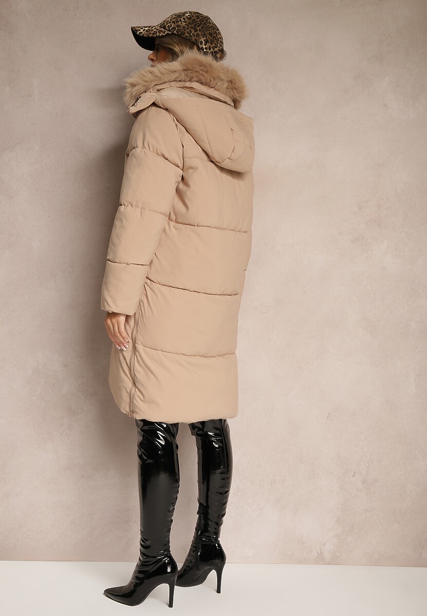 Beżowa Kurtka o Długim Kroju z Pikowaniem Odpinanym Futerkiem i Kapturem Vilathra