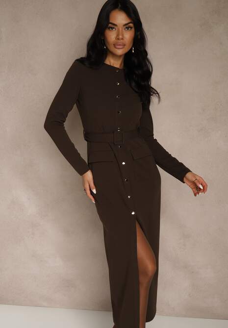 Brązowa Koszulowa Sukienka z Wiskozą Ozdobiona Paskiem i Guzikami Vetionna