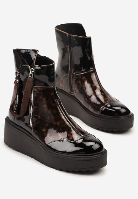 Czarno-Brązowe Botki Lakierowane Vices na Koturnie i Platformie Ozdobione Suwakiem Gattie