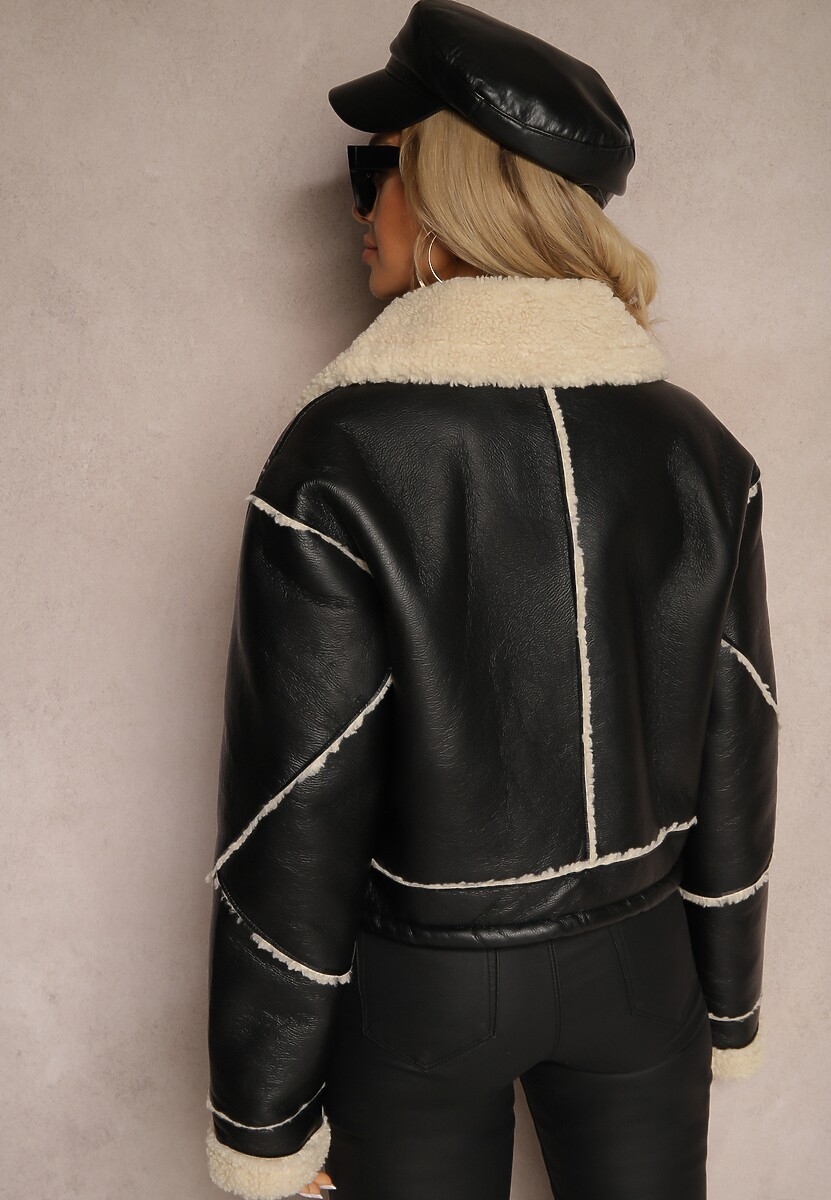 Czarna Kurtka Typu Biker o Krótkim Kroju z Kołnierzem i Kieszeniami Naonellea