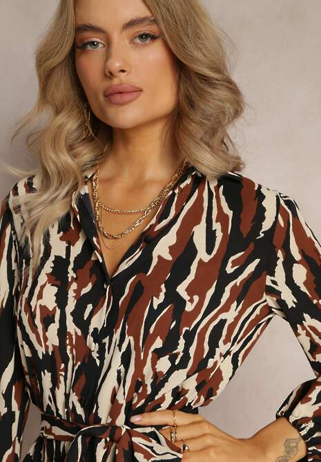 Brązowa Sukienka Koszulowa z Materiałowym Paskiem Mariou