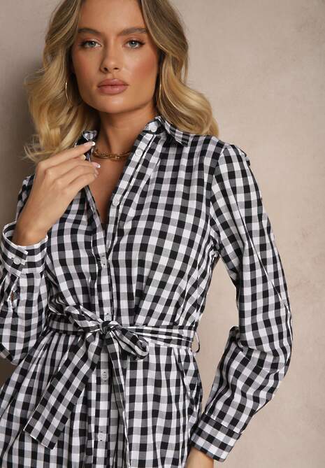 Czarna Koszulowa Sukienka z Bawełny w Kratkę Vichy z Wiązanym Paskiem Adlivia