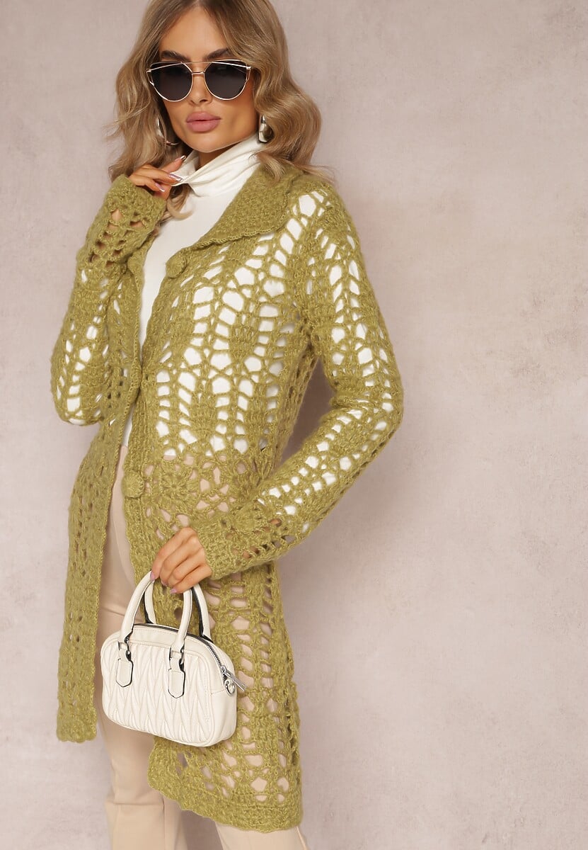 Jasnobeżowy Luźny Kardigan Ażurowy na Guziki Sieneos