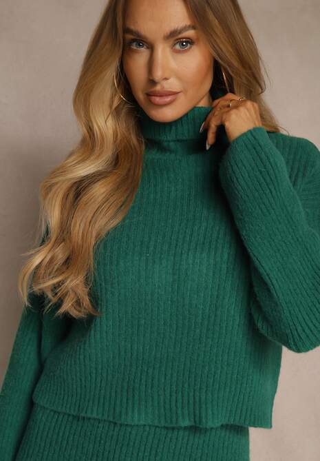 Zielony Dzianinowy Komplet z Bawełną i Wełną Dopasowana Sukienka i Golf Reinissa