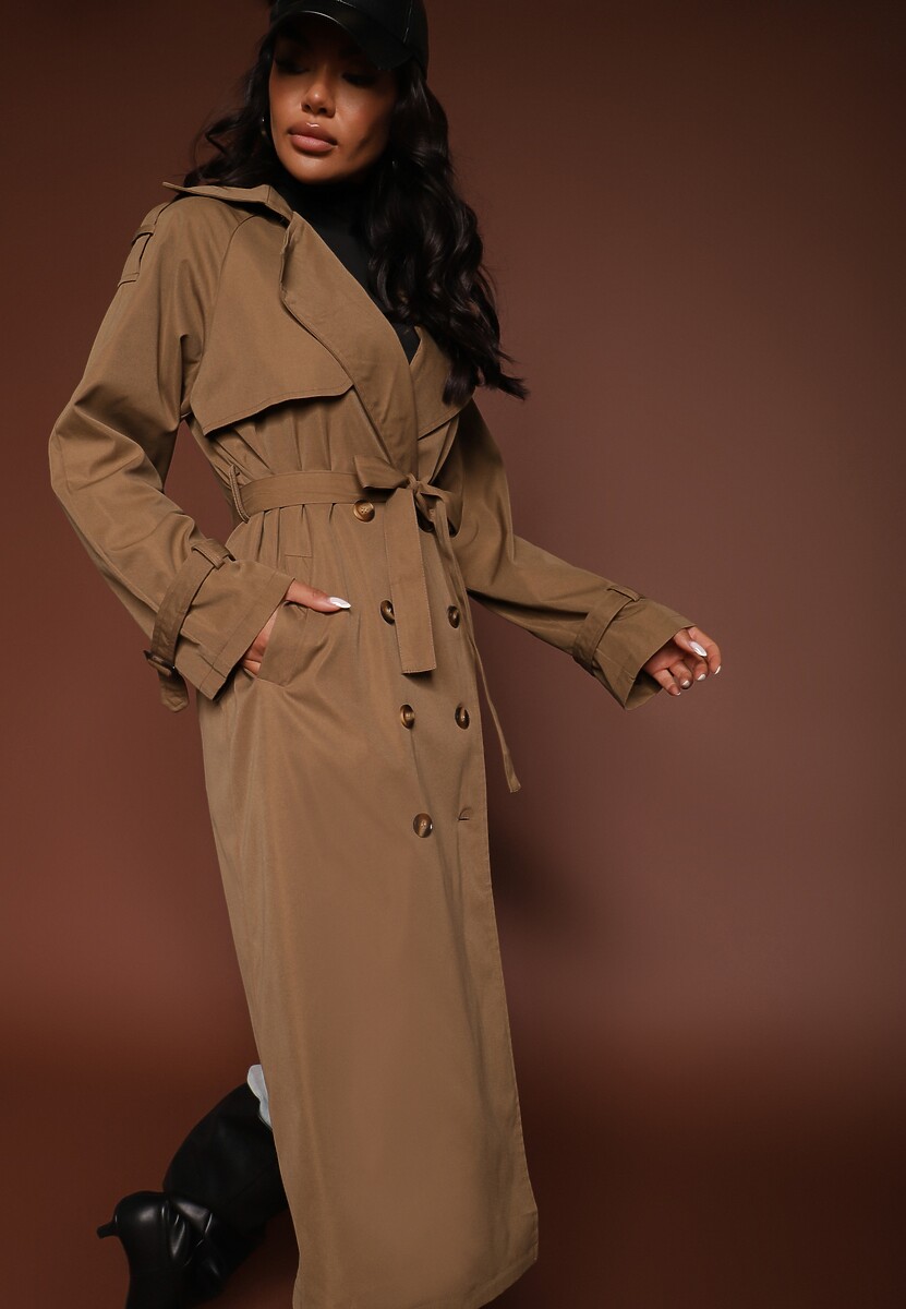 Czarny Płaszcz o Wydłużonym Fasonie Trencza z Guzikami i Paskiem Dennime