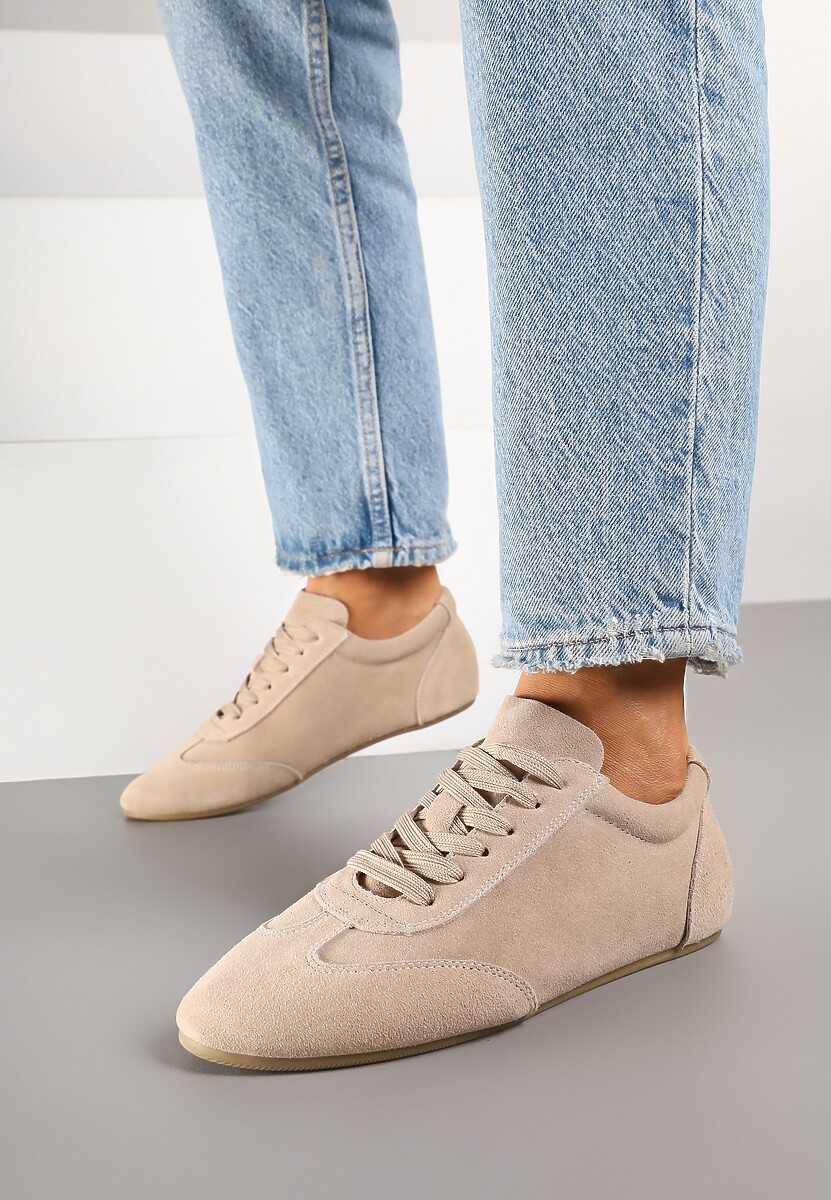 Beżowe Sneakersy Basic ze Skóry Naturalnej Fonariela